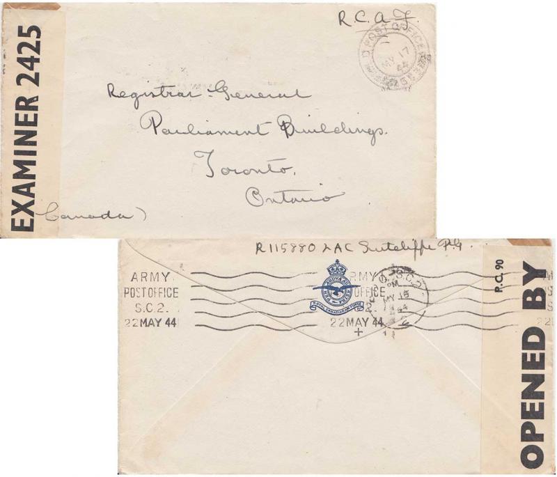 Canada Soldier's Free Mail 1944 Army Post Office and reverse Army Post Office...