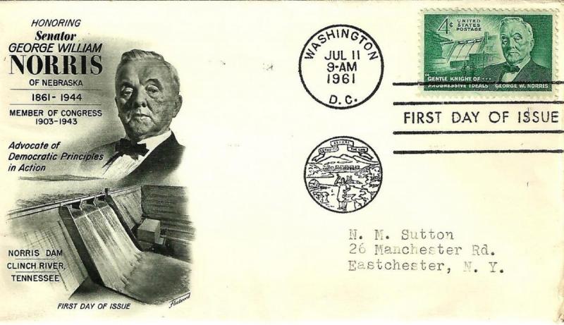 U.S. 1961 Senator GEORGE NORRIS of Nebraska Scott #1184  Fleetwood FDC Cachet...