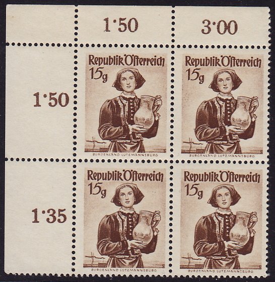 Austria - 1948 - Scott #523 - MNH corner block with counters - Costumes
