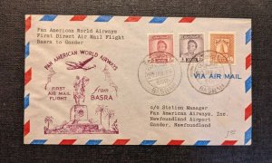 1949 Basra Iraq Pan American First Flight Cover to Gander Newfoundland