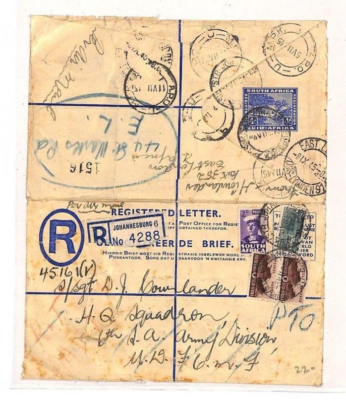 S.Africa WW2 MILITARY Jo'burg Registered Letter Forwarded Cover TANKS 1945 ZZ154