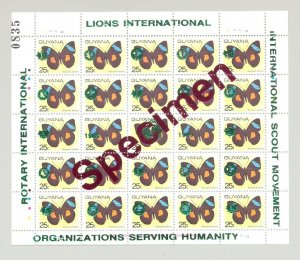 Guyana 1989 Butterflies 3v M/S of 25 Black or Greeen o/p Rotary, Lions Club