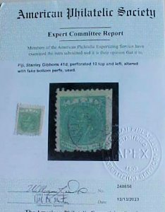 FIJI STAMP SCOTT #41D cat.$1.00 PERFS ALTERED CERTIFICATE SAYS gibbons