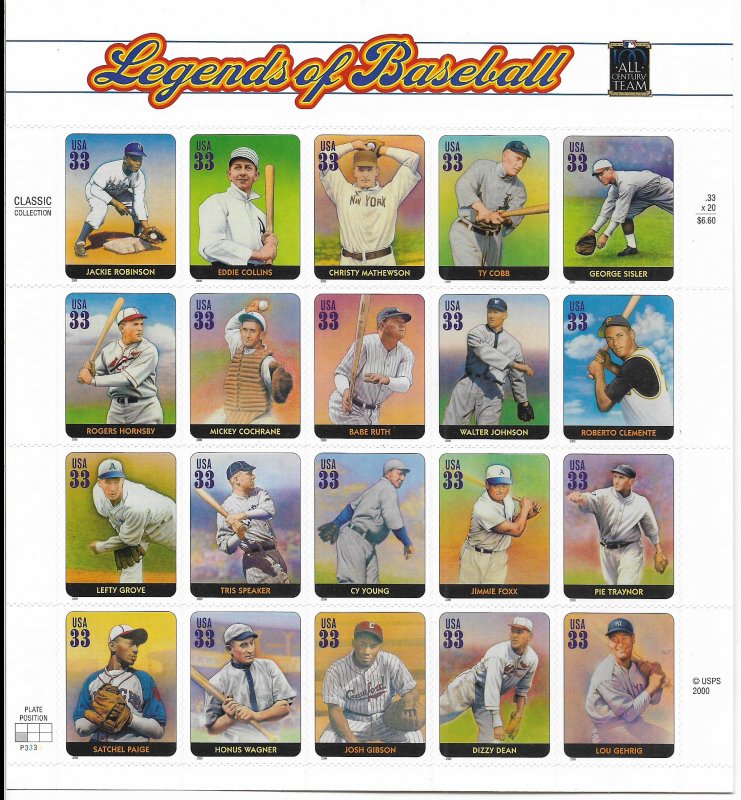 USA 3408 MNH SHEET LEGENDS OF BASEBALL