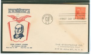 US 811 1938 6c John Quincy Adams (presidential/prexy series) single, on an addressed first day cover with a Fidelity cachet.