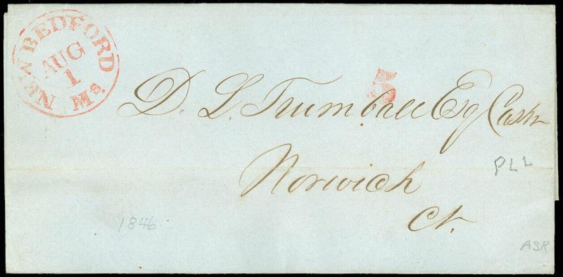 1846 Stampless Red NEW BEDFORD Ms. CDS & 5 - BANK, D. L. Trumbull Norwich, CT