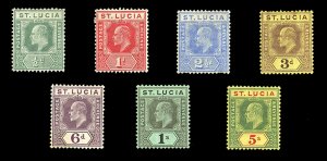 St. Lucia #57-63 Cat$96.45, 1907-10 Edward, complete set, hinge remnants, 3p ...