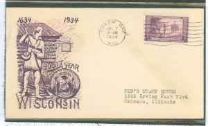 US 739 1934 3c Wisconsin Tercentenary on an addressed (typed) FDC with a Grimsland cachet
