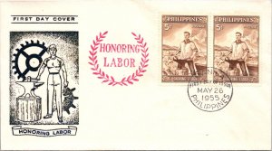 Philippines FDC 1955 - Honoring Labor - 2 x 5c Stamp - Pair - F43139