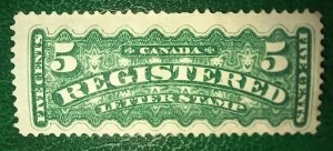 CANADA 1875 Registration Stamp 5c Blue-Green Great Fresh MH