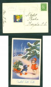 Finland. 1945 Christmas Card. Christmas Seal+ 1Mk. Turku.Girl,Bird,Letter,Sled.