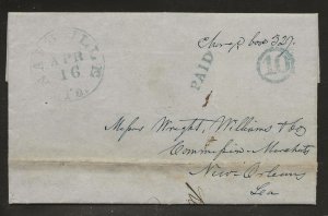 4/16/1851 cover Nashville Te Paid 10 blue DC Topp Wright Williams New Orleans