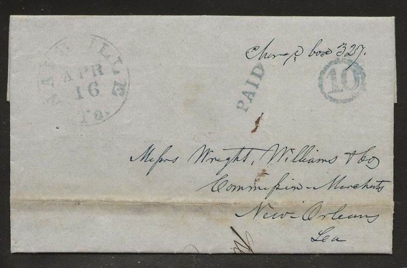 4/16/1851 cover Nashville Te Paid 10 blue DC Topp Wright Williams New Orleans