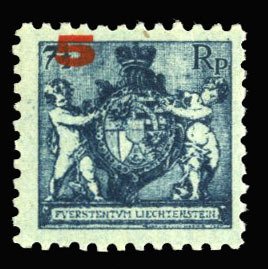 Liechtenstein #70a Cat$50, 1924 5rp on 7 1/2rp, perf. 9 1/2, never hinged