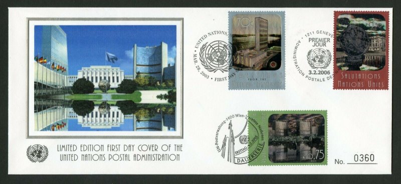 UNITED NATIONS  2006 LIMITED EDITIOON HOLGRAM TRIPLE CANCEL SILK CACHETED FDC 