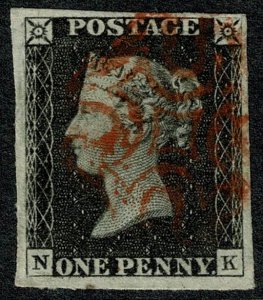 GB 1d Black. Plate 1b NK. Four margins cancelled by red Maltese Cross