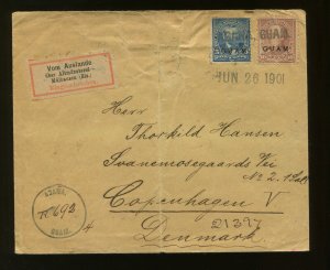 Guam Scott 5 & 8 Overprint Used Stamp on Registered 1901 Cover to Denmark