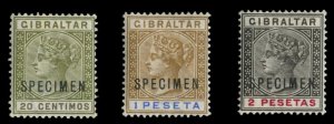 Gibraltar #31AS, 36AS, 37S, 1889 Victoria, 20c, 1p and 2p, overprinted Specim...