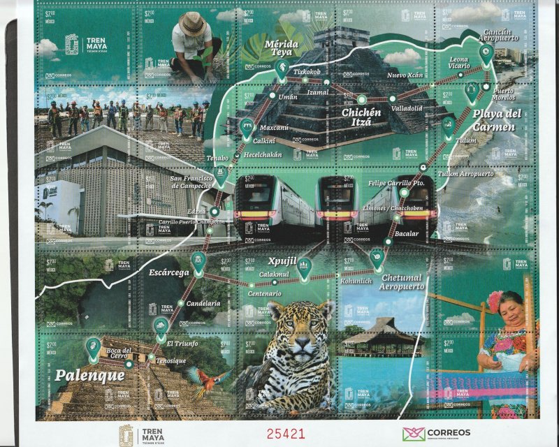 MEXICO (25 STAMPS) MAYA RAILROAD, MAP YUCATAN PENINSULA, NEW ISSUE. MINT NH VF
