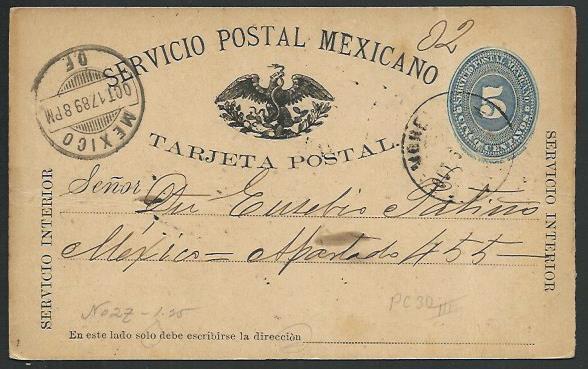 MEXICO 1889 5c postcard used...............................................66238