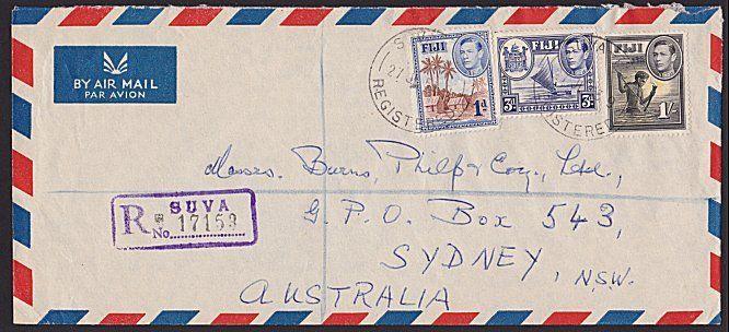 FIJI 1953 Registered cover Suva to Sydney - GVI franking....................3519