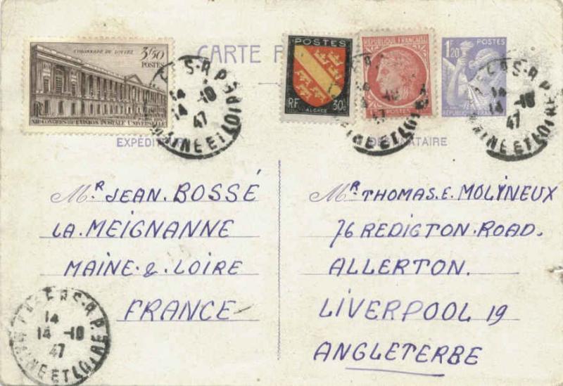 France 3.50F UPU Congress, 1F Ceres and 30c Alsace Arms on 1.20F Iris Postal ...