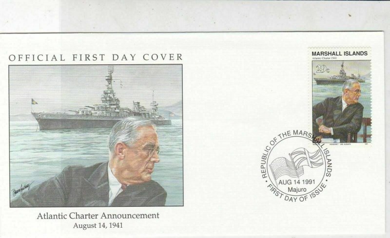 Marshall Islands 1991 Atlantic Charter Roosevelt Pic + Stamp FDC Cover Ref 32037