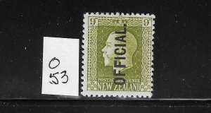 NEW ZEALAND SCOTT #O53 1925 OFFICIAL OVERPRINT 9P (OLIVE GREEN) MINT LIGHT HINGE