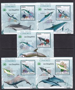 Comoros 2009 Fish Dolphins 5 S/Sheets Deluxe Edition MNH