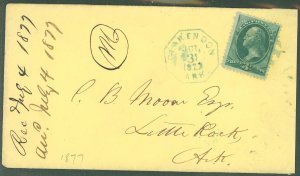 US  Clarendon Arkansas 31 Jul 1877.  Blue octagonal date stamp to Little Rock.  Stamp is Scott #158, attractive and unusual date