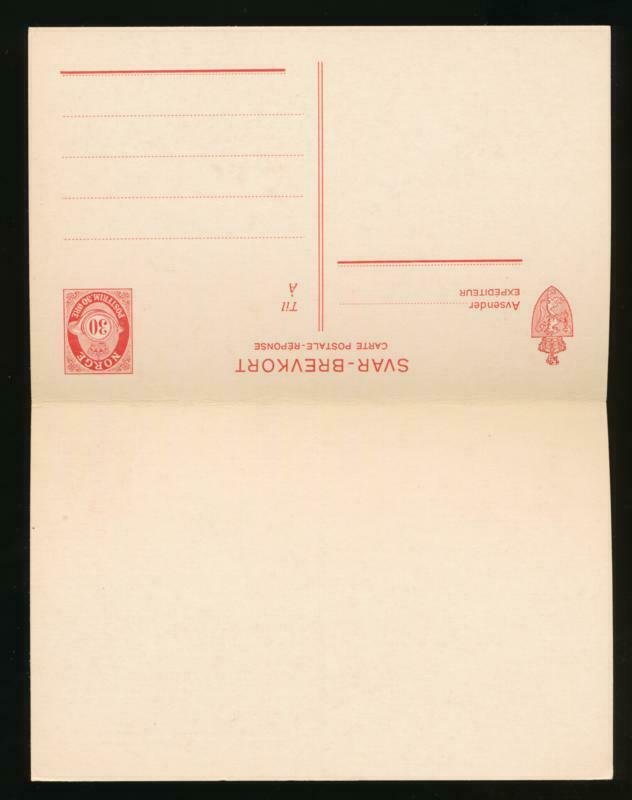 NORWAY Mi. P68 POSTAL STATIONERY postal CARD 30o+30o RED PAID REPLY