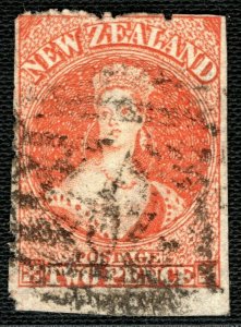 NEW ZEALAND QV Chalon SG.133var 2d Orange ERROR MISPERF (1872) Used RARE GBLUE1