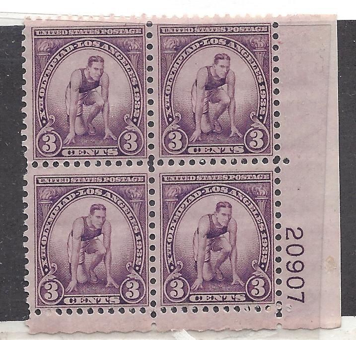 United States, 718, 3c Olympics F-VF Plate Block(4),**MNH**