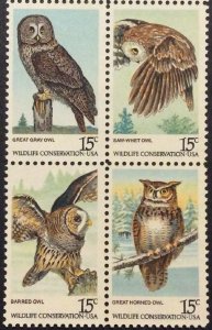 US 1978 15c American Birds Owls Commemorative Block of 4,Sc # 1760-63,VF MNH**