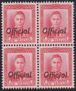 NEW ZEALAND 1938-51 GVI 1d Red OFFICIAL Block of 4 MNH SG cat £120.......B4449a