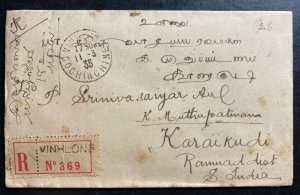 1933 Vinholng Vietnam Indochina Cochina Registered Cover To Karaikudi India