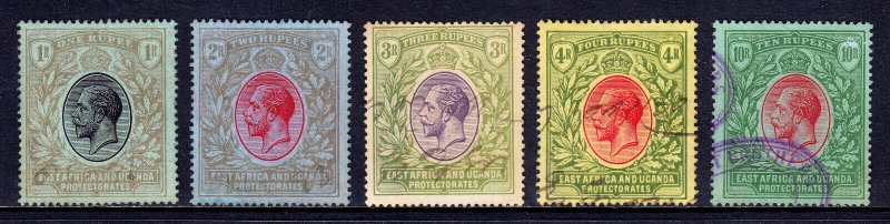 EAST AFRICA UGANDA — SCOTT 49/54 — 1912 KGV 1r TO 10r VALS— USED, FISCAL CANCELS