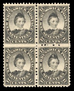 New Brunswick #11 Cat$220+, 1860 17c black, block of four, hinged