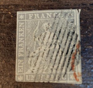 KAPPYSTAMPS  SWITZERLAND #30 1855-57  1 Fr BLACK THREAD USED SOUND CV 1,000 G170