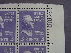 U.S.# 807-MINT/NEVER HINGED---UR- PLATE # BLOCK 4-PREXIE SERIES-1938(#a)