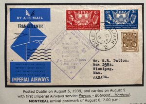 1939 Dublin Ireland First Imperial Airways Transatlantic Flight Cover To Canada