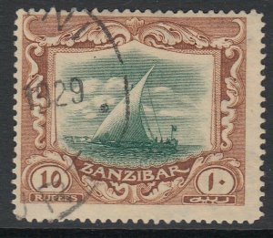 SG 295 Zanzibar 1921 - 29 10r, Green and brown very fine used CAT £500