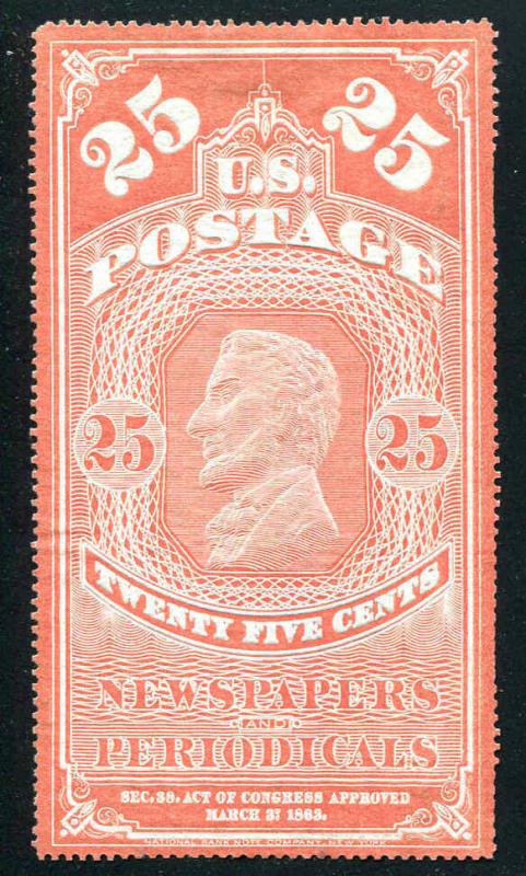 U.S: Newspaper & Periodicals 25¢ Carmine Red Lincoln Reprint of 1865 Issue NGAI