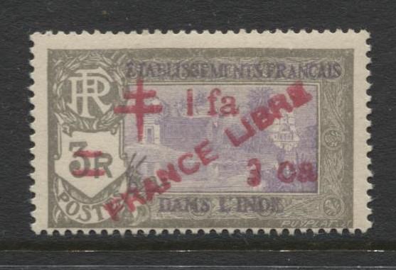 French India - Scott 206 -Overprint Libre Issue-1943- MVLH - Single 1f 3ca Stamp