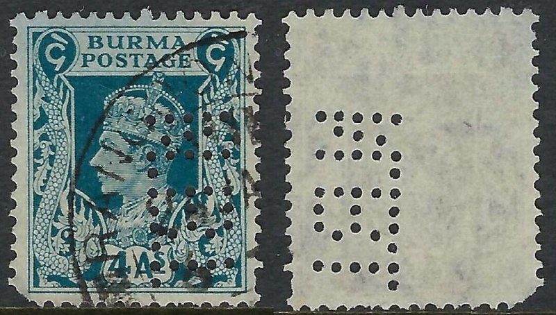 Burma Perfin N.B.I. for National Bank of India on Scott 28 - 4 Annas, inspect