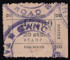 FEDERATED MALAY STATES 1918 Railways Newspaper stamp 20c VERY RARE! 