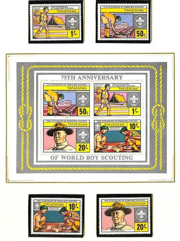 TANZANIA BOY SCOUTS SCOTT #205-08a STAMP SET GUTTER PAIRS & SOUVENIR SHEET 1982