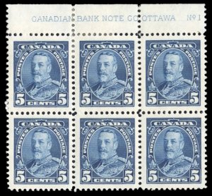 Canada #221 Cat$50, 1935 5c blue, plate block of six, hinged