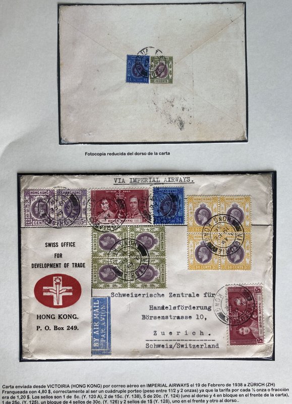 1938 Hong Kong Swiss Office For Development Airmail Cover To Zurich Switzerland