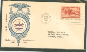 US 894 1940 3c Pony Express 80th anniversary (single) on an addressed (typed) FDC with a Sadworth Naval Cachet.